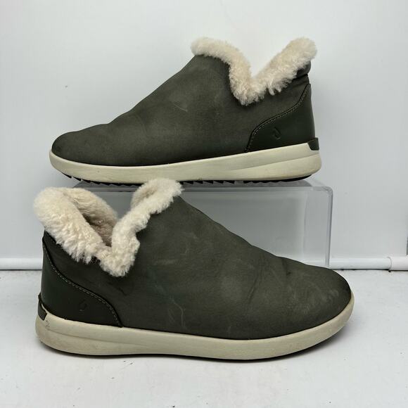 Olukai Boots Womens 6 Malua Hulu Leather Booties Ankle Boots Gray Fur Lined - Picture 1 of 9